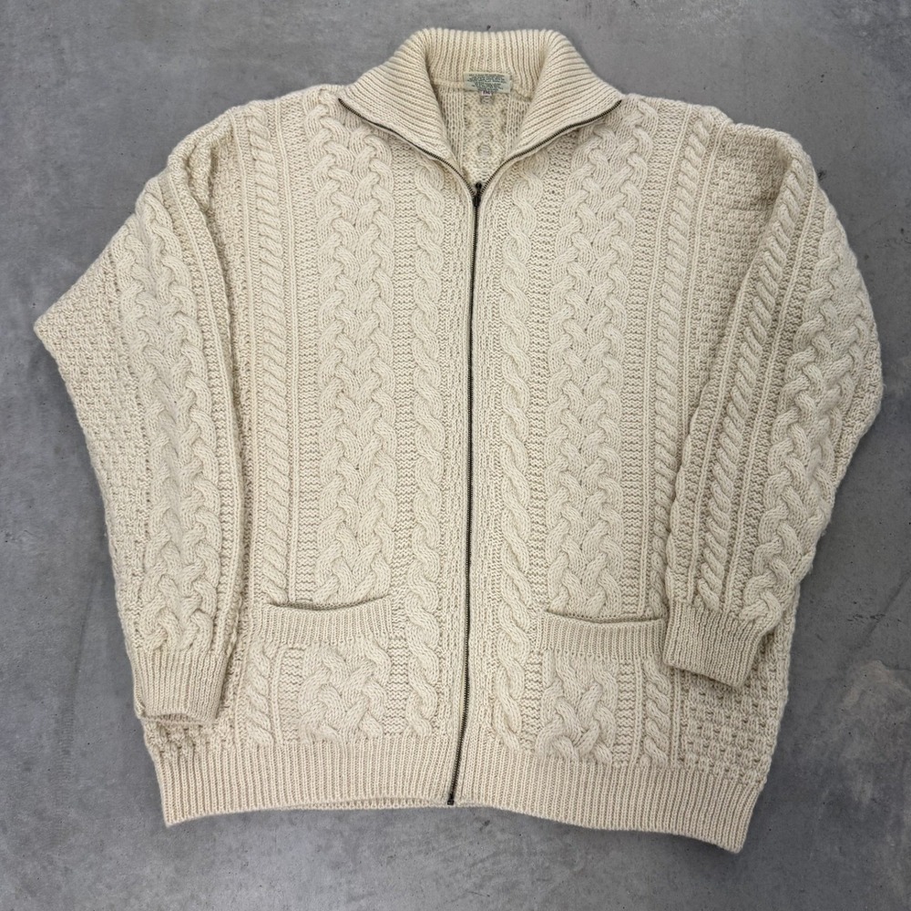 Carraig Donn Zip Cardigan Mens XXL Cream Excellent Aran Wool Cable Knit Ireland
